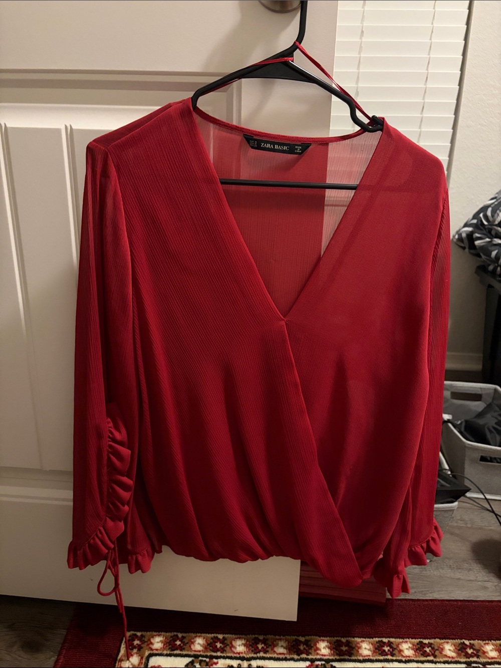 Zara Red Wrap-Front Long Sleeve Blouse